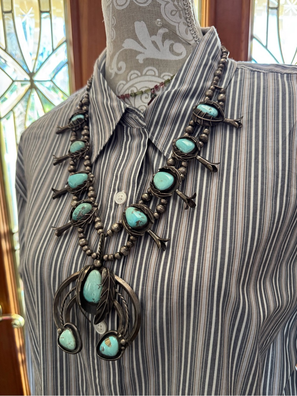 Southwestern Turquoise Squash Blossom Necklace - Blue Silver Tone